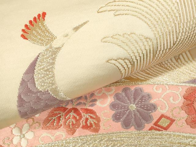 平和屋本店▼六通柄袋帯　唐織　孔雀の舞文　純金箔24K　正絹　逸品　DABK2189op
