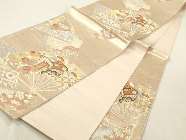 平和屋本店▼六通柄袋帯　唐織　扇面御所車花文　本金箔二重織　正絹　逸品　DABK2191op