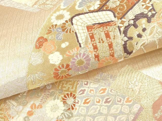 平和屋本店▼六通柄袋帯　唐織　扇面御所車花文　本金箔二重織　正絹　逸品　DABK2191op