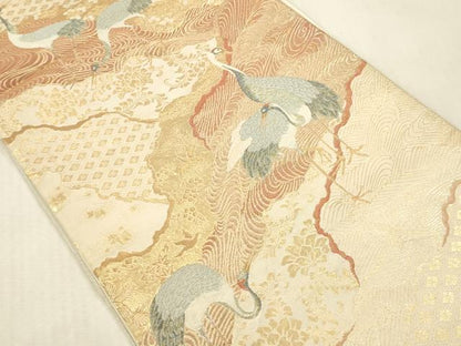 平和屋本店▼六通柄袋帯　唐織　道長鶴文　純金　正絹　逸品　DABK2192op