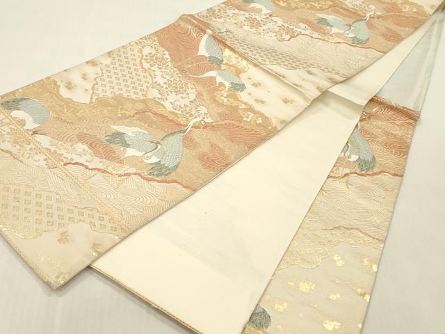 平和屋本店▼六通柄袋帯　唐織　道長鶴文　純金　正絹　逸品　DABK2192op