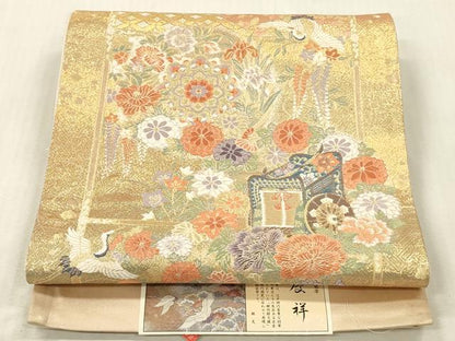 平和屋本店▼西陣　六通柄袋帯　唐織　流水鏡裏文　純金箔二重織　上代25万　証紙付き　正絹　逸品　DABK2197op
