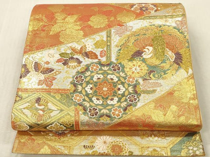 平和屋本店▼六通柄袋帯　唐織　麗華錦　舞蝶花鳥文　本金箔　正絹　逸品　DABK2198op