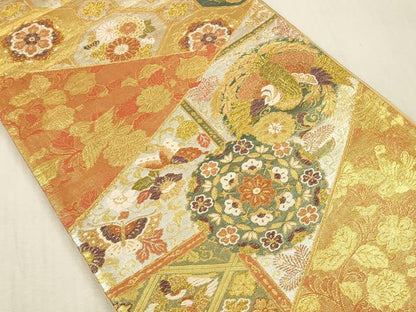 平和屋本店▼六通柄袋帯　唐織　麗華錦　舞蝶花鳥文　本金箔　正絹　逸品　DABK2198op