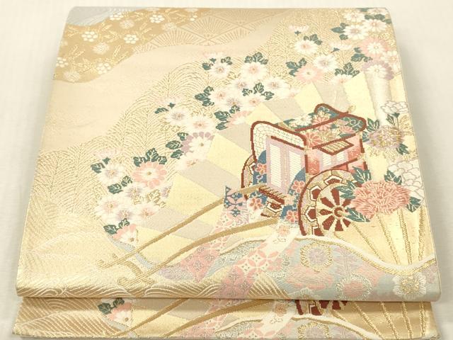 平和屋本店▼六通柄袋帯　唐織　花車扇鳥文　本金二重箔　正絹　逸品　DABK2203op
