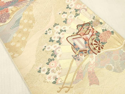 平和屋本店▼六通柄袋帯　唐織　花車扇鳥文　本金二重箔　正絹　逸品　DABK2203op