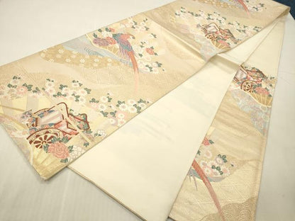 平和屋本店▼六通柄袋帯　唐織　花車扇鳥文　本金二重箔　正絹　逸品　DABK2203op