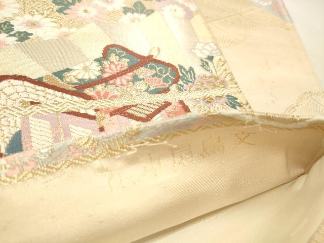 平和屋本店▼六通柄袋帯　唐織　花車扇鳥文　本金二重箔　正絹　逸品　DABK2203op