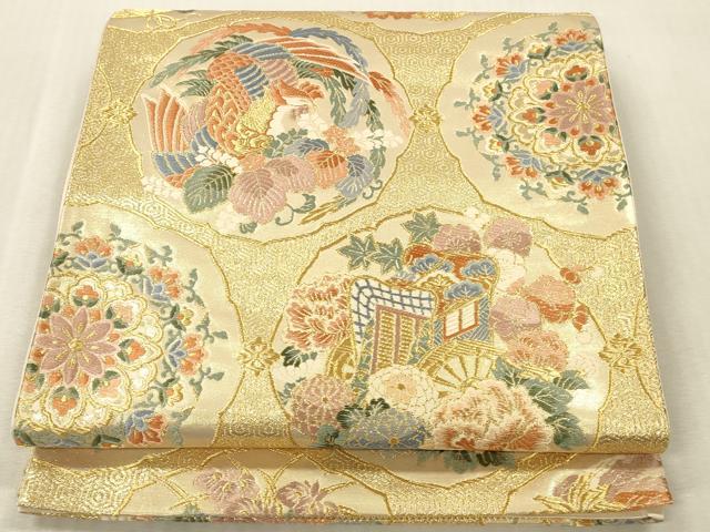 平和屋本店▼六通柄袋帯　唐織　御所車鳳凰花文　本金箔　正絹　逸品　DABK2204op