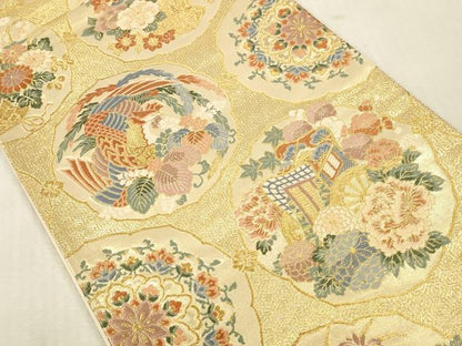 平和屋本店▼六通柄袋帯　唐織　御所車鳳凰花文　本金箔　正絹　逸品　DABK2204op