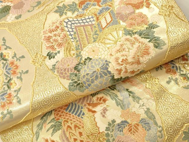 平和屋本店▼六通柄袋帯　唐織　御所車鳳凰花文　本金箔　正絹　逸品　DABK2204op