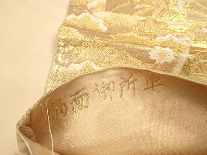 平和屋本店▼六通柄袋帯　唐織　扇面御所車　純金箔二重織　正絹　逸品　DABK2209op