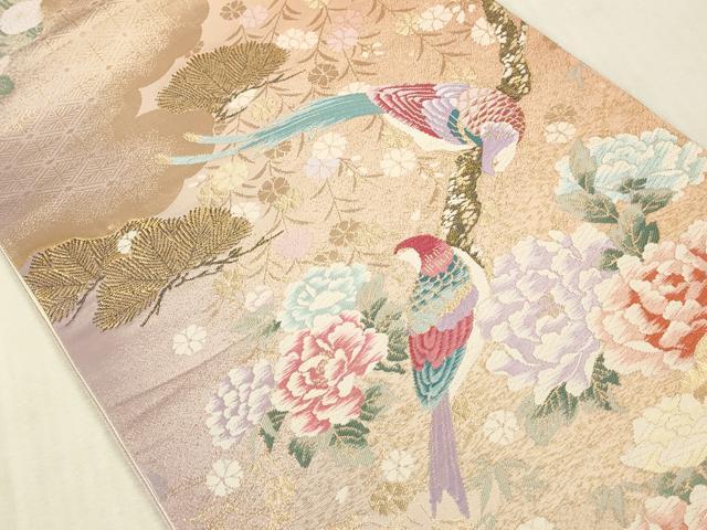平和屋本店▼西陣　京洛苑たはら謹製　六通柄袋帯　唐織　枝花に鳥　純銀・純金箔　証紙付き　正絹　逸品　DABK2216op