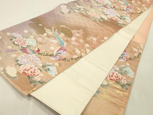 平和屋本店▼西陣　京洛苑たはら謹製　六通柄袋帯　唐織　枝花に鳥　純銀・純金箔　証紙付き　正絹　逸品　DABK2216op