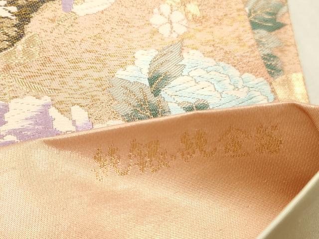 平和屋本店▼西陣　京洛苑たはら謹製　六通柄袋帯　唐織　枝花に鳥　純銀・純金箔　証紙付き　正絹　逸品　DABK2216op