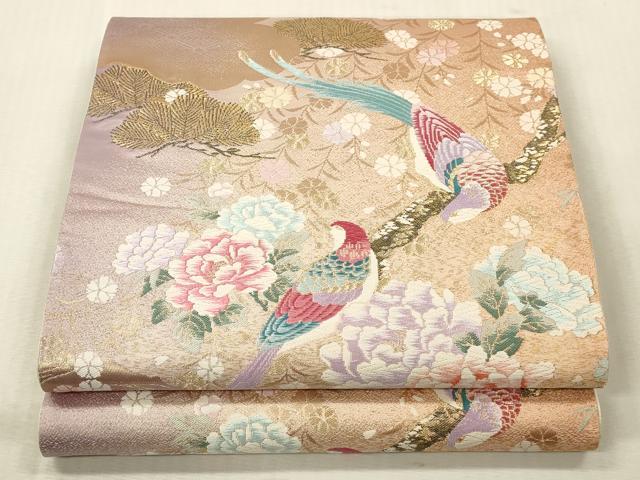 平和屋本店▼西陣　京洛苑たはら謹製　六通柄袋帯　唐織　枝花に鳥　純銀・純金箔　証紙付き　正絹　逸品　DABK2216op
