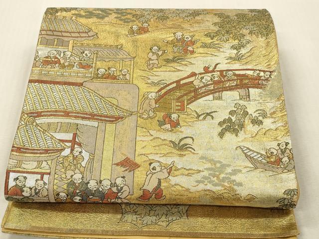 平和屋本店▼全通全景柄袋帯　支那風景唐子遊図　プラチナ本金二重箔　正絹　逸品　DABK2218op
