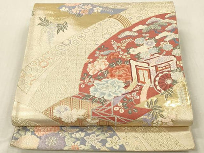 平和屋本店▼六通柄袋帯　唐織　地紙御所車花文　本金箔錦織　二重織　正絹　逸品　DABK2220op