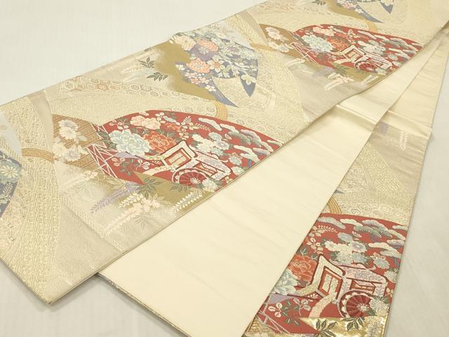 平和屋本店▼六通柄袋帯　唐織　地紙御所車花文　本金箔錦織　二重織　正絹　逸品　DABK2220op