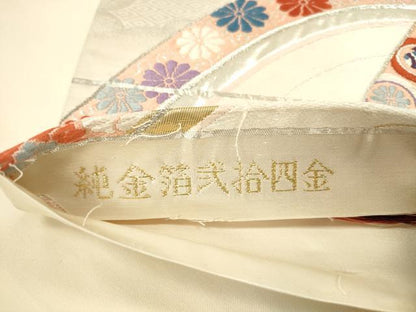 平和屋本店▼六通柄袋帯　唐織　花青海波　純金箔弐拾四金　正絹　逸品　DABK2221op