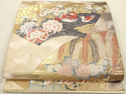 平和屋本店▼西陣　森正織物謹製　六通柄袋帯　唐織　地紙鴛鴦花文　琳派四季　24金箔　九百錦　正絹　逸品　DABK2226op