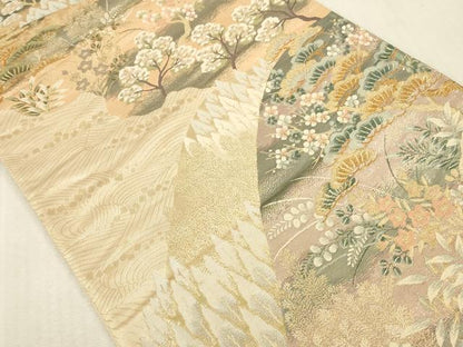 平和屋本店▼六通柄袋帯　唐織　風景花松文　純金二重箔　九百錦　正絹　逸品　DABK2227op