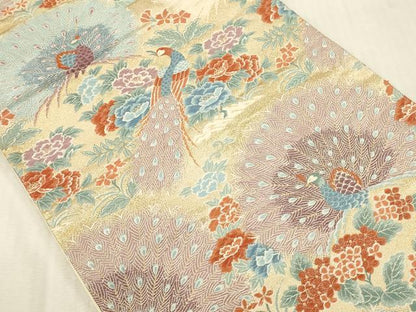 平和屋本店▼六通柄袋帯　唐織　孔雀紋　24K本金箔　正絹　逸品　DABK2229op
