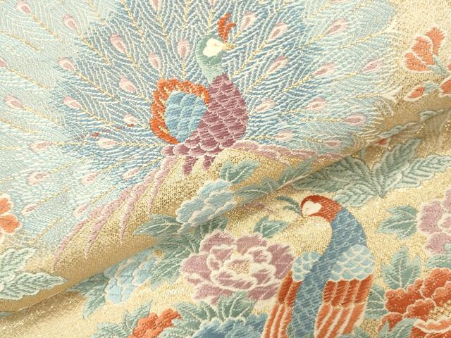 平和屋本店▼六通柄袋帯　唐織　孔雀紋　24K本金箔　正絹　逸品　DABK2229op