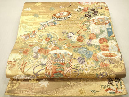 平和屋本店▼六通柄袋帯　唐織　貝桶蝶彩文　本金箔　九百織　正絹　逸品　DABK2232op