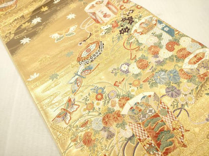 平和屋本店▼六通柄袋帯　唐織　貝桶蝶彩文　本金箔　九百織　正絹　逸品　DABK2232op