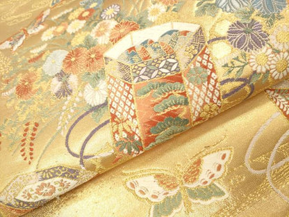 平和屋本店▼六通柄袋帯　唐織　貝桶蝶彩文　本金箔　九百織　正絹　逸品　DABK2232op