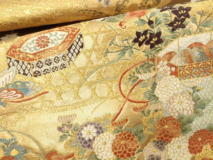 平和屋本店▼六通柄袋帯　唐織　貝桶蝶彩文　本金箔　九百織　正絹　逸品　DABK2232op