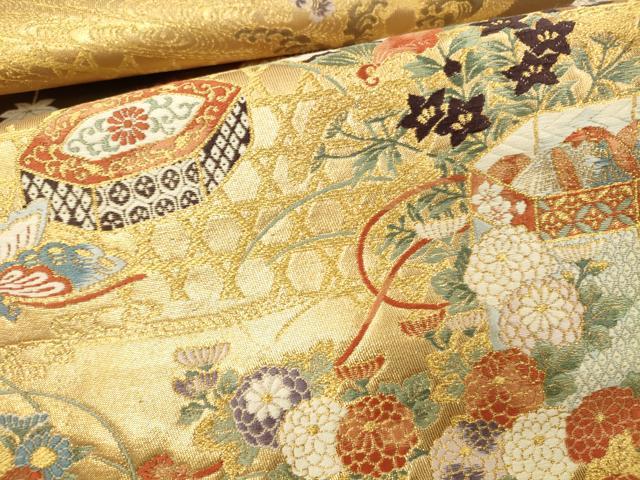 平和屋本店▼六通柄袋帯　唐織　貝桶蝶彩文　本金箔　九百織　正絹　逸品　DABK2232op