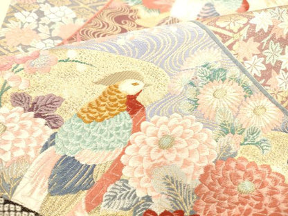 平和屋本店▼本加賀友禅作家　百貫華峰　六通柄袋帯　唐織　花鳥文　純金箔　正絹　逸品　DABK2236op