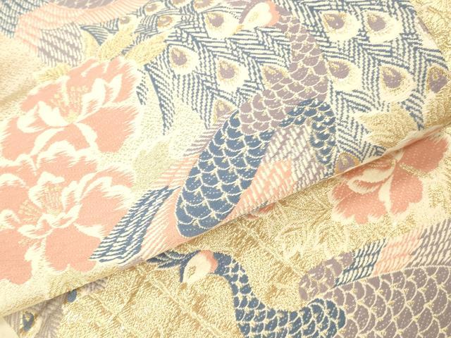 平和屋本店▼六通柄袋帯　唐織　孔雀花文　24K金箔二重箔　正絹　逸品　DABK2237op