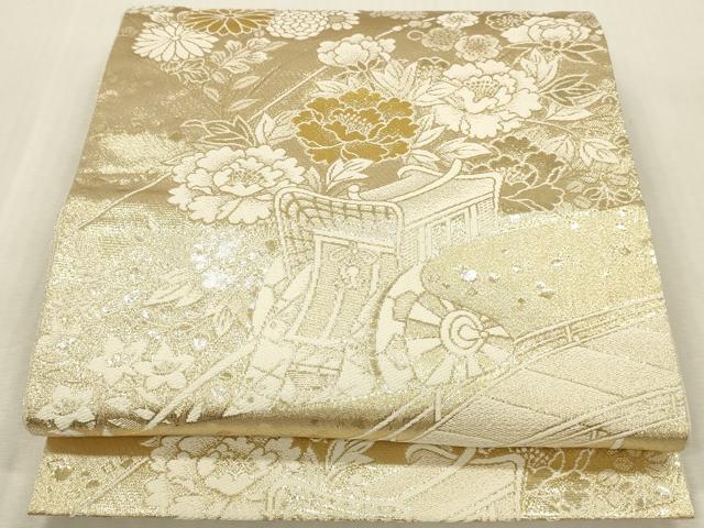 平和屋本店▼六通柄袋帯　渡り橋御所車花文　24金箔二重織　正絹　逸品　DABK2239op