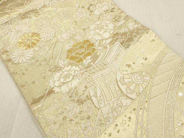 平和屋本店▼六通柄袋帯　渡り橋御所車花文　24金箔二重織　正絹　逸品　DABK2239op