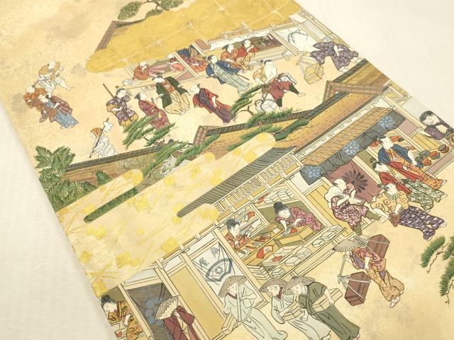 平和屋本店▼太鼓柄袋帯　作家物　洛中洛外図　純金箔　正絹　逸品　DABK2240op