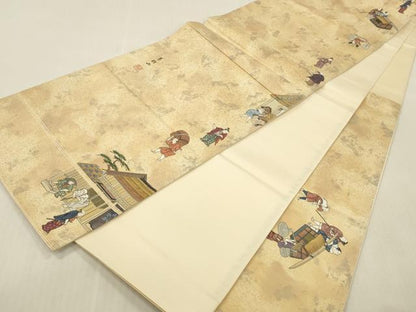 平和屋本店▼太鼓柄袋帯　作家物　洛中洛外図　純金箔　正絹　逸品　DABK2240op