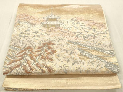 平和屋本店▼六通柄袋帯　風景文　本金二重箔　正絹　逸品　DABK2242op