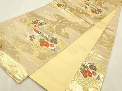 平和屋本店▼六通柄袋帯　唐織　鴛鴦檜扇花文　純金箔24K　正絹　逸品　DABK2246op