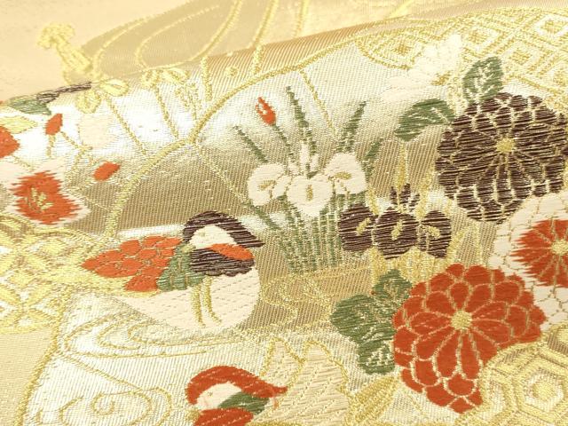 平和屋本店▼六通柄袋帯　唐織　鴛鴦檜扇花文　純金箔24K　正絹　逸品　DABK2246op