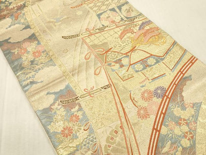 平和屋本店▼西陣　六通柄袋帯　几帳風景花文　本金二丁箔　正絹　逸品　DABK2247op