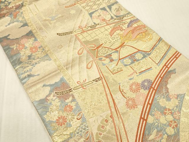 平和屋本店▼西陣　六通柄袋帯　几帳風景花文　本金二丁箔　正絹　逸品　DABK2247op