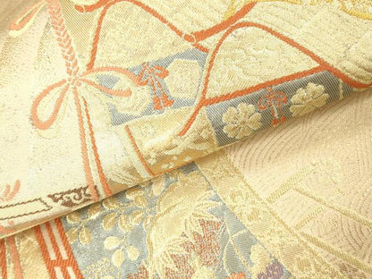 平和屋本店▼西陣　六通柄袋帯　几帳風景花文　本金二丁箔　正絹　逸品　DABK2247op