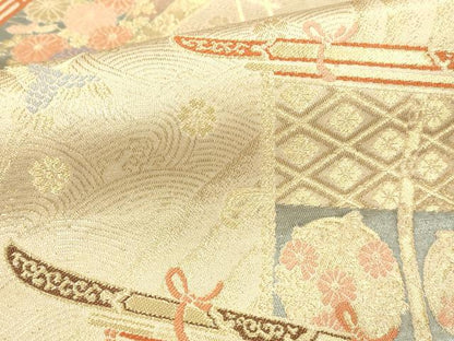 平和屋本店▼西陣　六通柄袋帯　几帳風景花文　本金二丁箔　正絹　逸品　DABK2247op