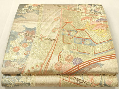 平和屋本店▼西陣　六通柄袋帯　几帳風景花文　本金二丁箔　正絹　逸品　DABK2247op