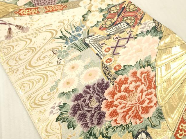 平和屋本店▼六通柄袋帯　唐織　扇面御所車　九百本金弐重織　健勝苑扱い　正絹　逸品　DABK2253op
