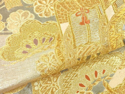 平和屋本店▼佐賀錦　六通柄袋帯　御所車花松文　本金箔　正絹　逸品　DABK2255op