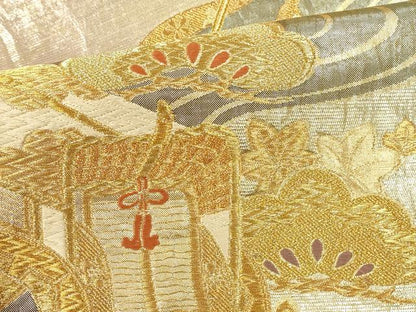 平和屋本店▼佐賀錦　六通柄袋帯　御所車花松文　本金箔　正絹　逸品　DABK2255op